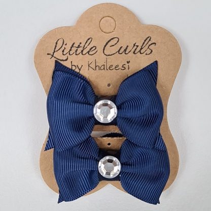 2 inch Handmade Navy Blue Bows with Rhinestone (Twin Pack)