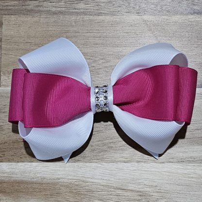 6 inch Handmade Dual Colour Bow with Rhinestones (White & Hot Pink)