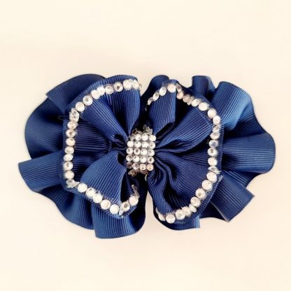 4.5 inch Handmade Frilled Navy Bow with Rhinestones