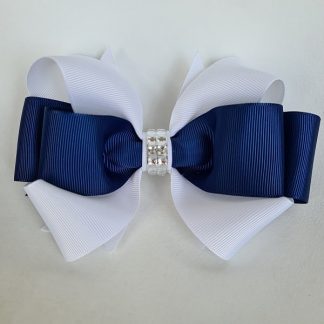 6 inch Handmade Dual Colour Bow with Rhinestones (White & Navy)