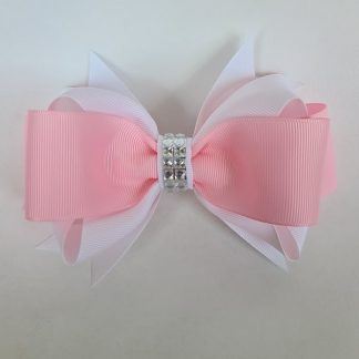 6 inch Handmade White and Pink Bow with Rhinestones